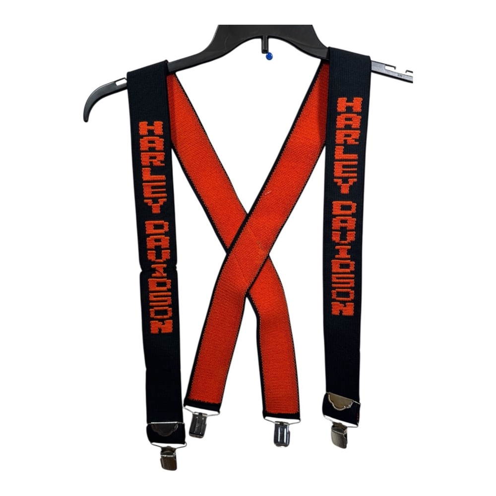 Vintage Harley Davidson Suspenders Orange Black Spellout Logo 90s Cross Back